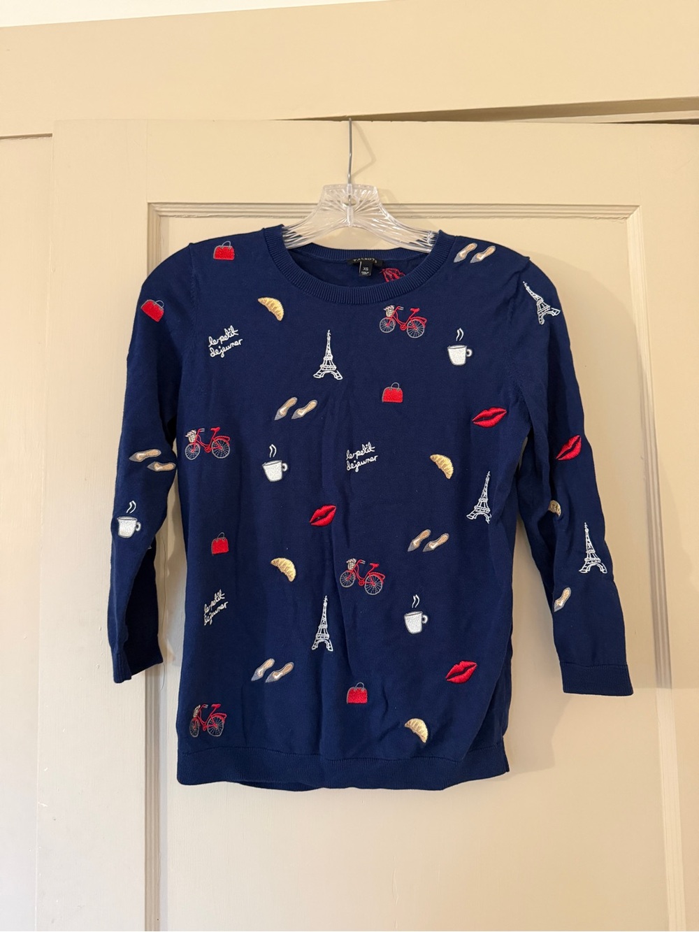 Talbots Navy Embroidered Paris Motif Blouse